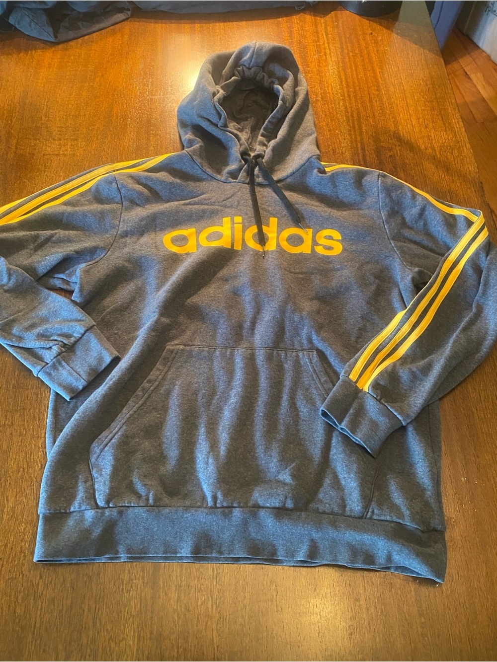 Adidas Hoodie Sz Large Men Gray Yellow 3 Stripe Logo Pullover hooded sweatshirt